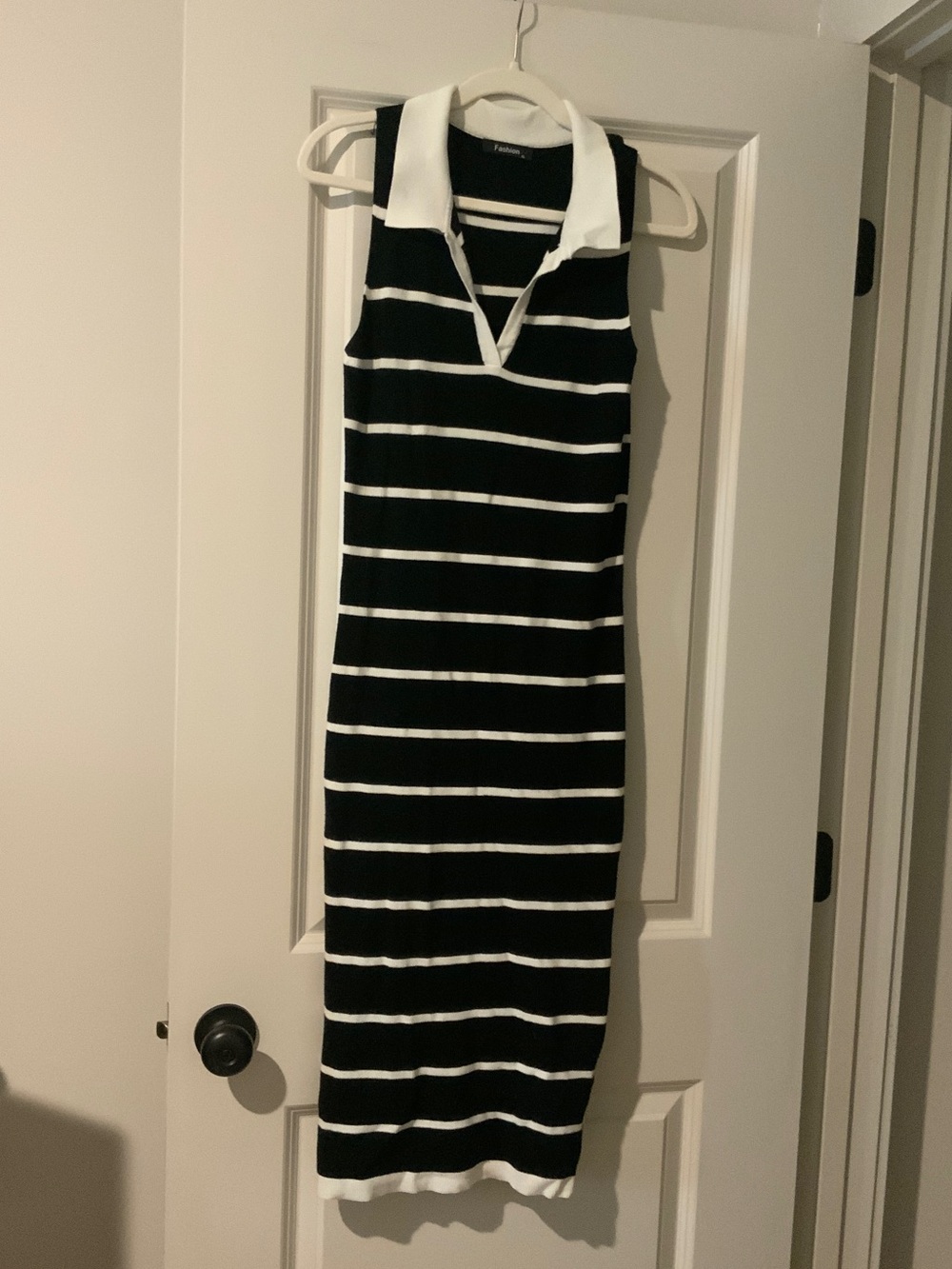 Sleeveless Striped Polo Maxi Dress in Black & White